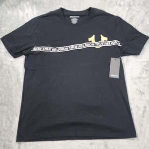 True Religion Shirt Mens XL Jet‎ Black Foil Taping Tee Gold Logo New Tags Cotton